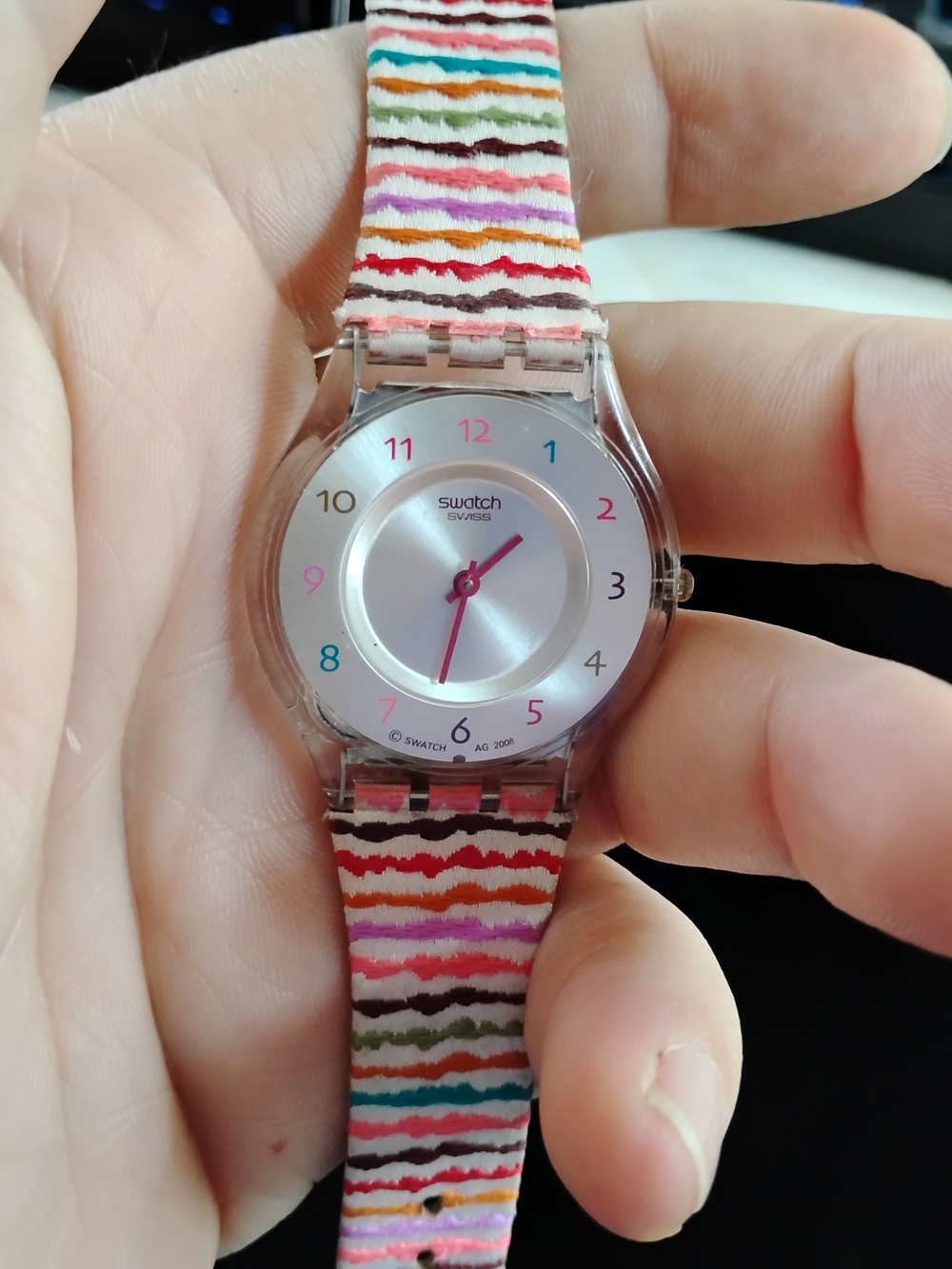 Swatch Ladies Multicolor Stripe Silicone Strap Watch Good Condition Tested